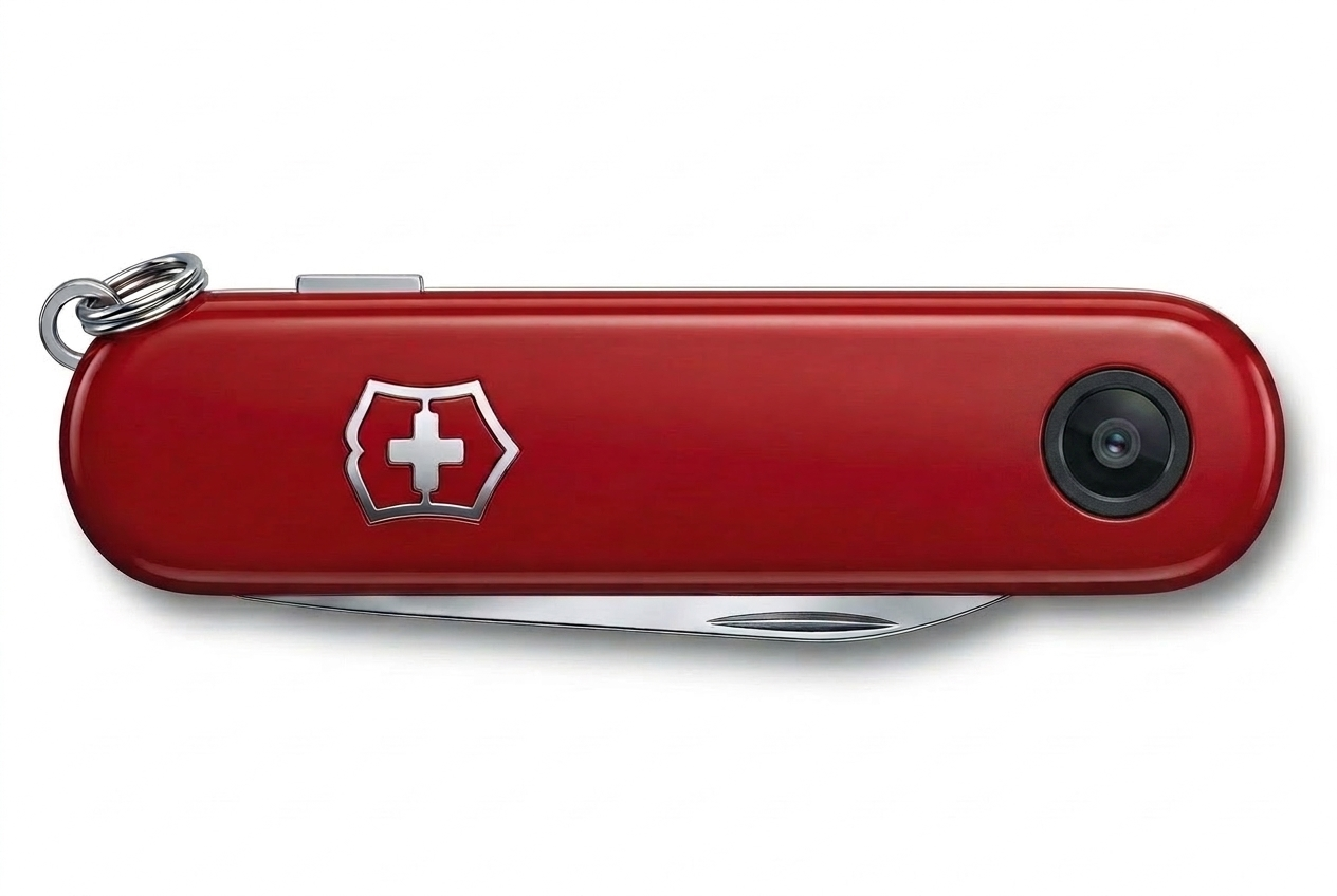 Rendering of the pocket camera concept: a red Victorinox knife with a built-in camera lens