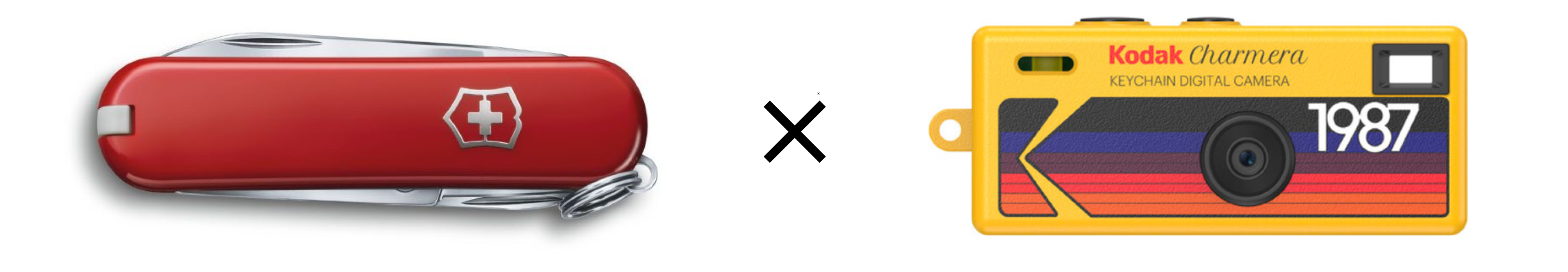 A Victorinox Swiss pocket knife next to a Kodak Charmera keychain camera
